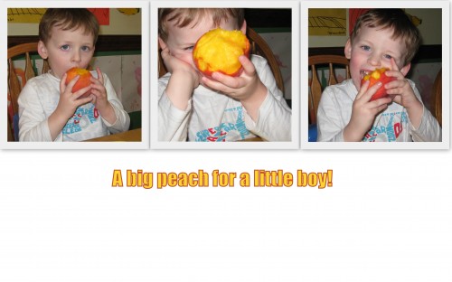 Lex eating a very big peach.