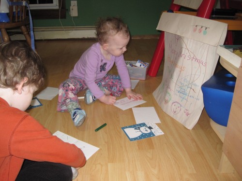 The kids were tasked with making Christmas cards for their school and daycare teachers.  They did an excellent job!