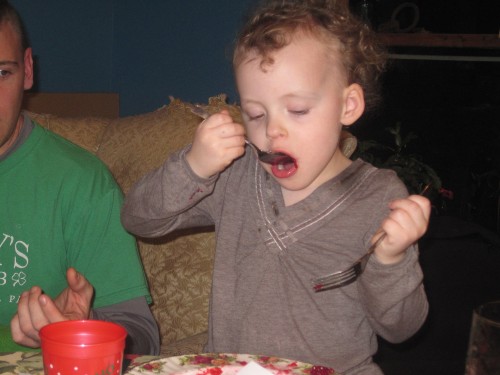 Eve eating cranberry sauce