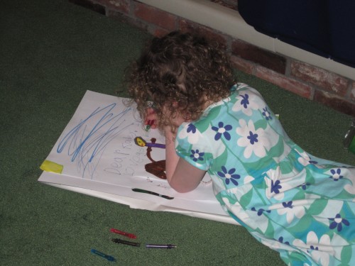 Aunt Katie gave Eve a big drawing pad and new markers.  Eve promptly drew a picture of Katie on a horse.  Then she wrote, "Dear Kadey. I love you.  Love ges hoo."  